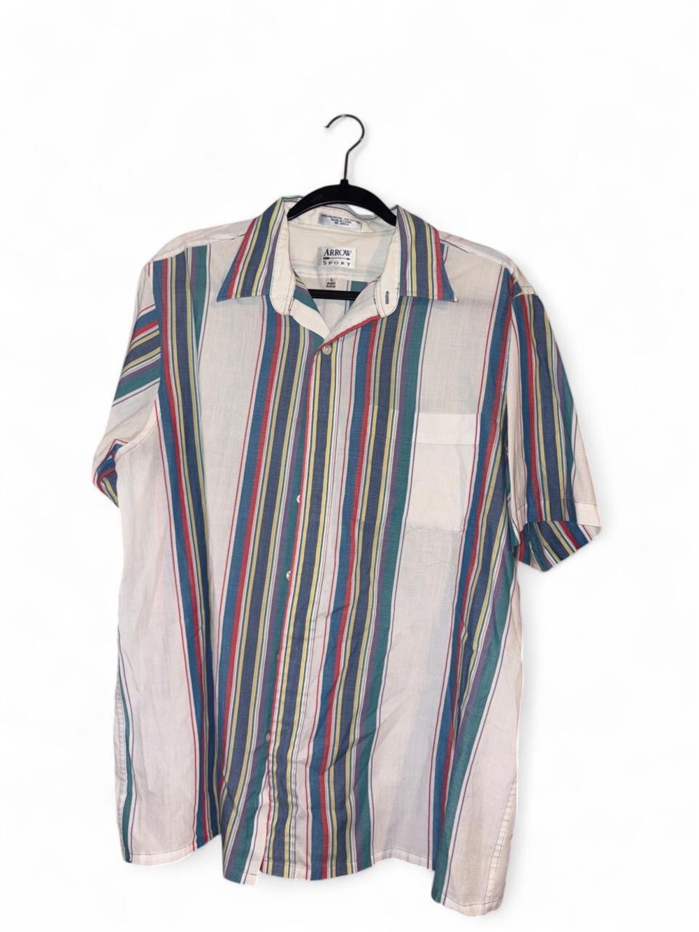 Arrow Short Sleeve Button-Up Shirt in Cream with Blue, Green & Red Stripes